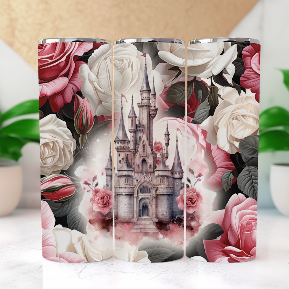 Pink and Black Water Bottle with Castle Design